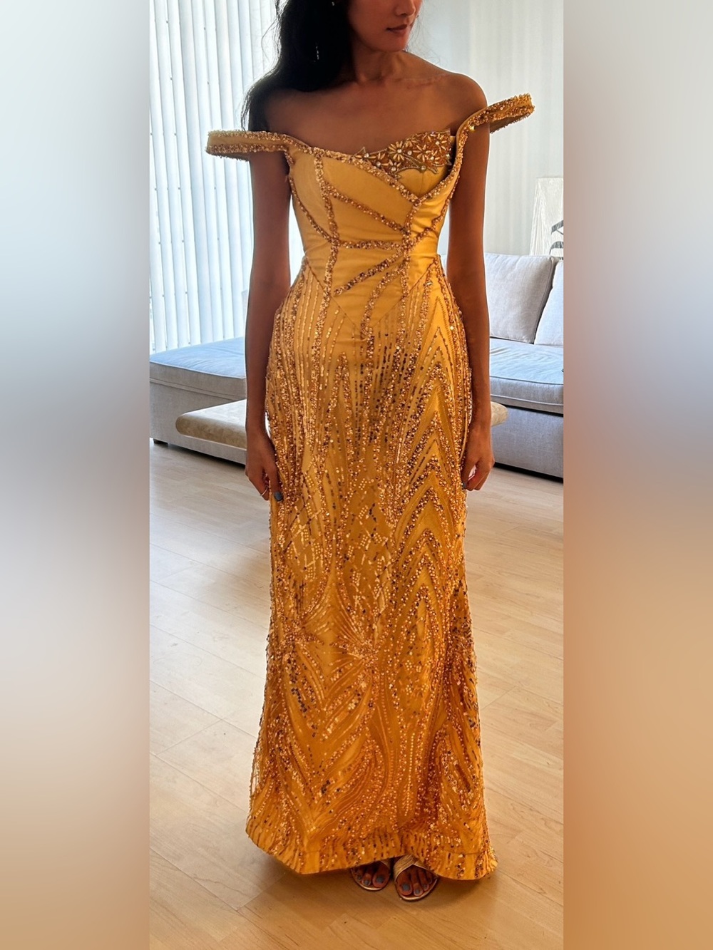 Custom Made Gold Embellished Off The Shoulder Corset Gown View 2